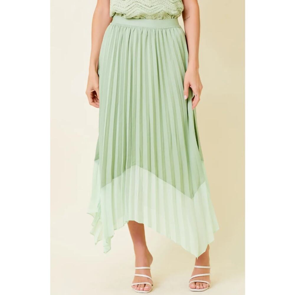 Sage Green Pleated Midi Skirt Asymmetrical Hem - Picture 8 of 9